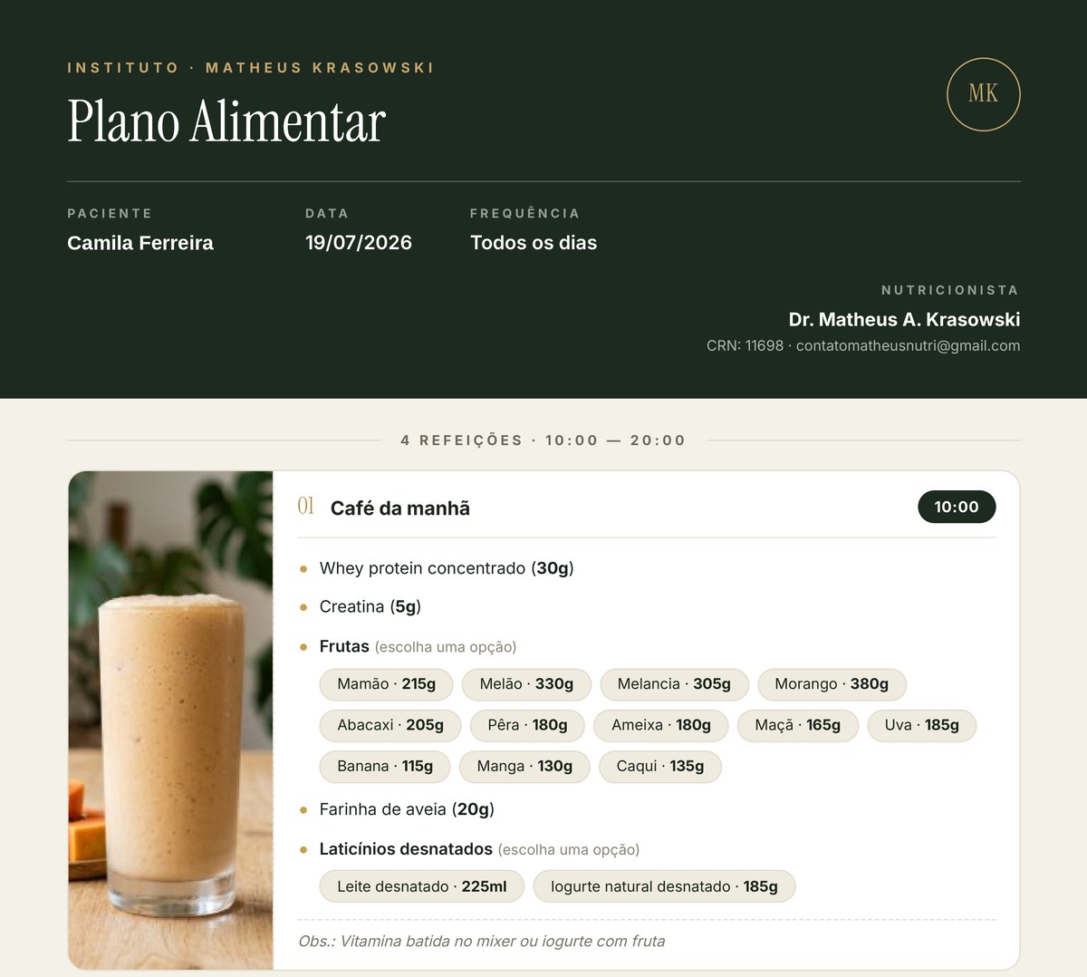 Página de um plano alimentar gerado pelo Dietário: cabeçalho do Instituto Matheus Krasowski e a refeição café da manhã, com foto ilustrativa e opções de troca por quantidade